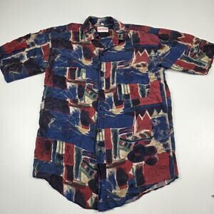 Vintage Campus Shirt Mens Small Multicolor Abstract 100% Silk Button Front 90s‎